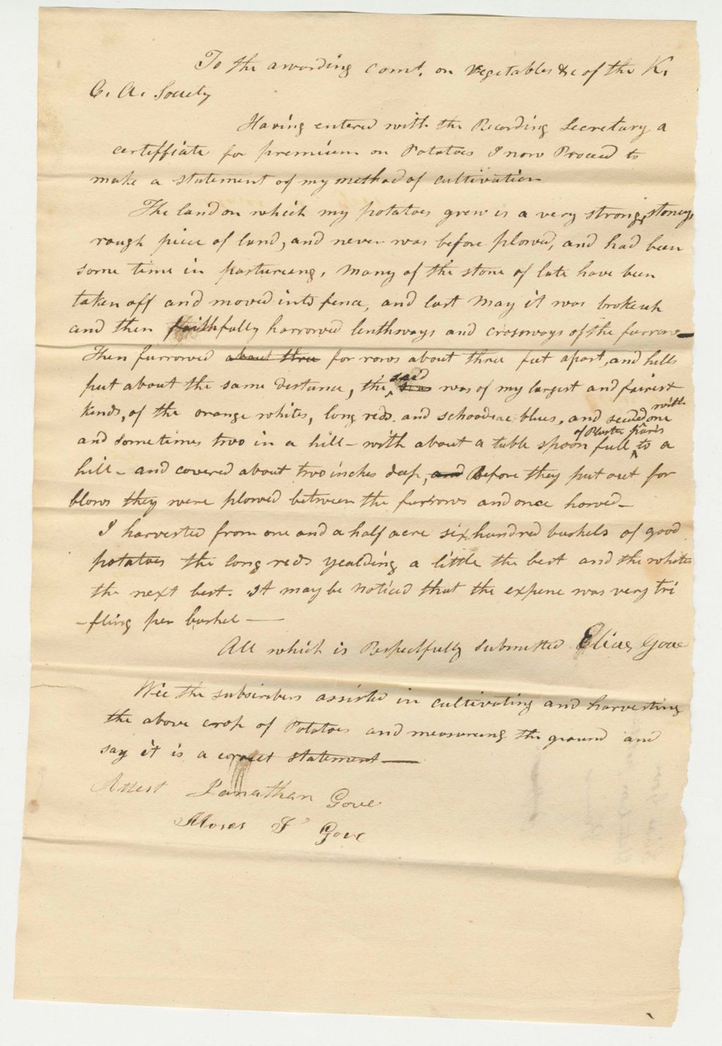 Miniature of Elias Gove Statement on Potatoes Premium, 1834