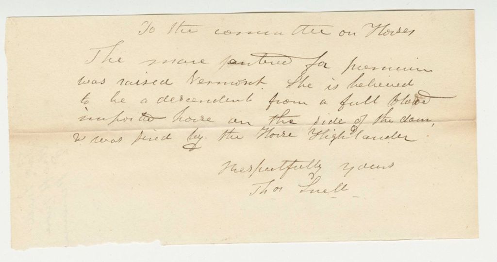 Miniature of Thomas Snell Statement on Draft Horse 2nd Premium, 1833