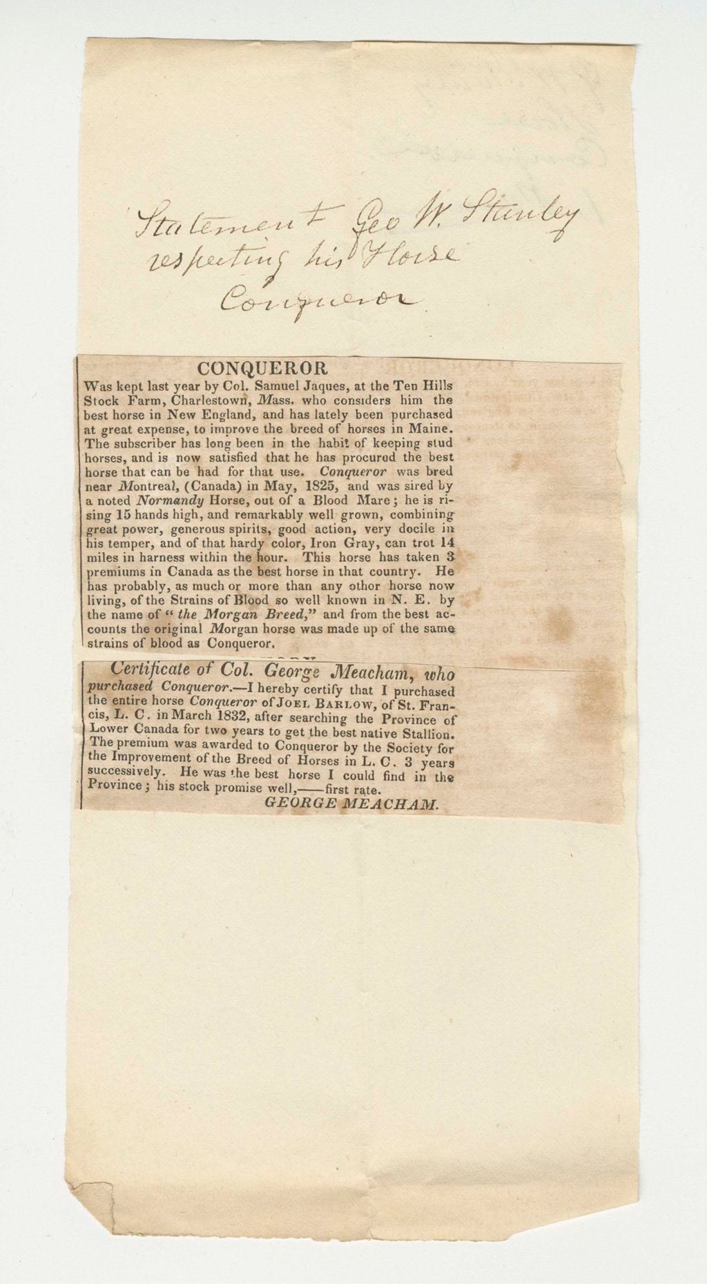 Miniature of George W. Stanley Statement on his horse "Conqueror" 1st Premium, 1833