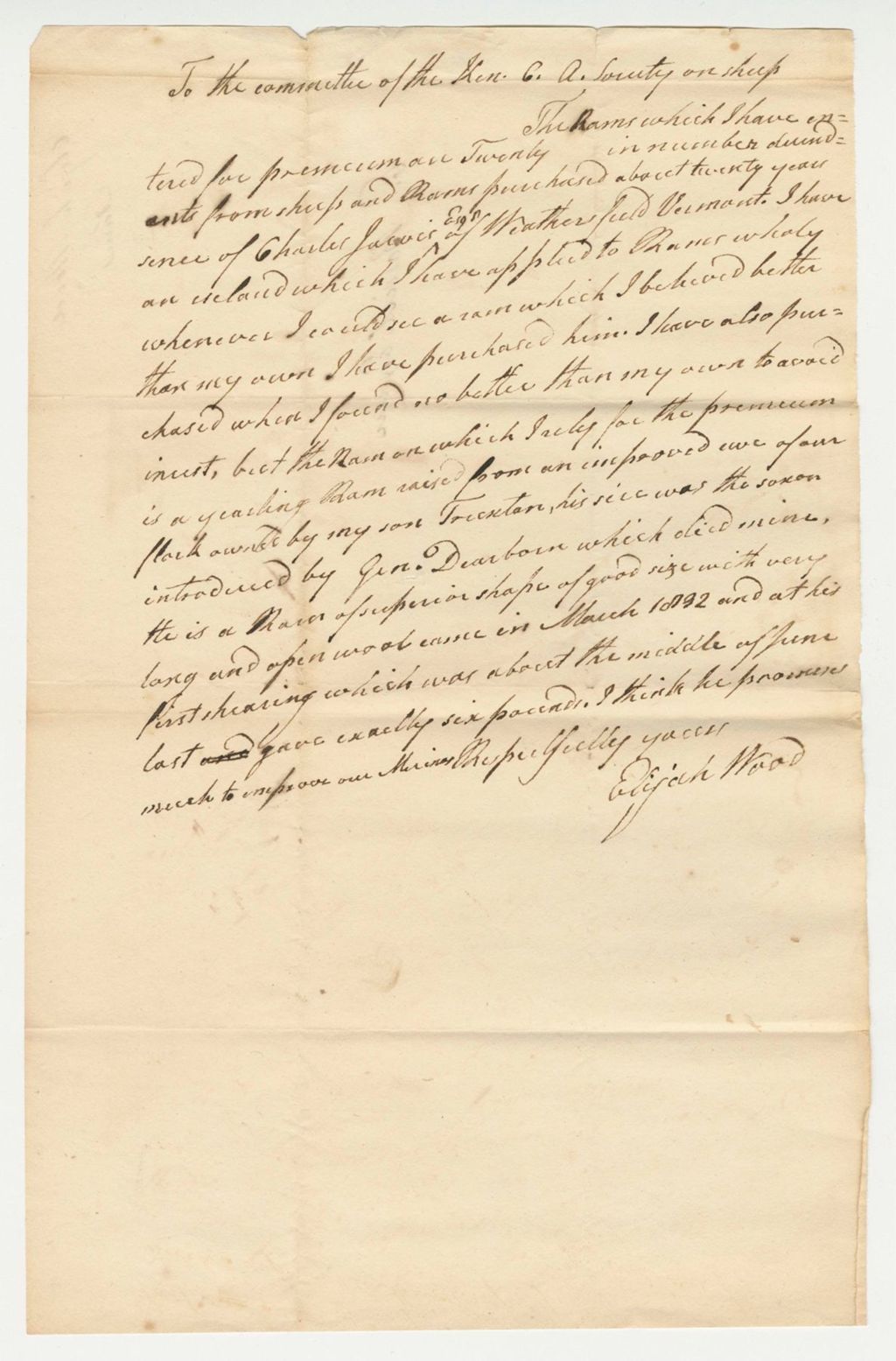 Miniature of Elijah Wood Statement to Committee on Sheep, 1833