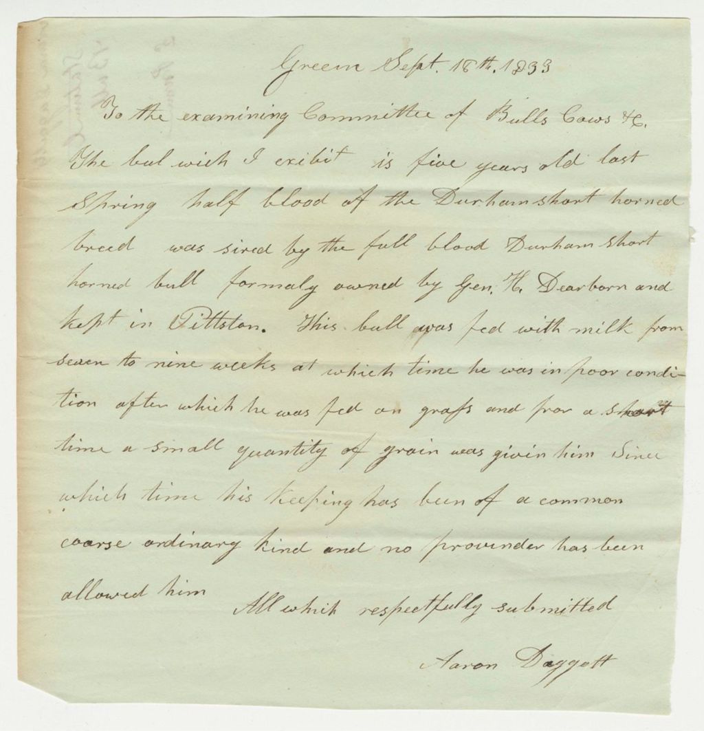 Miniature of Aaron Daggett Statement on Bull Premium, 1833-09-18