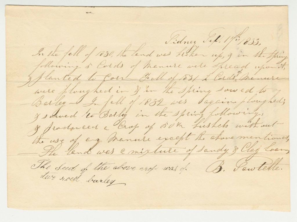 Miniature of Bradford Sawtelle Statement on Barley Premium, 1833-09-17