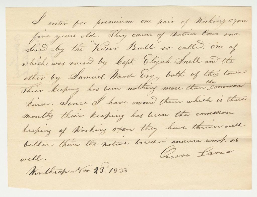 Miniature of Orson Lane Statement on Working Oxen Premium, 1833-11-23