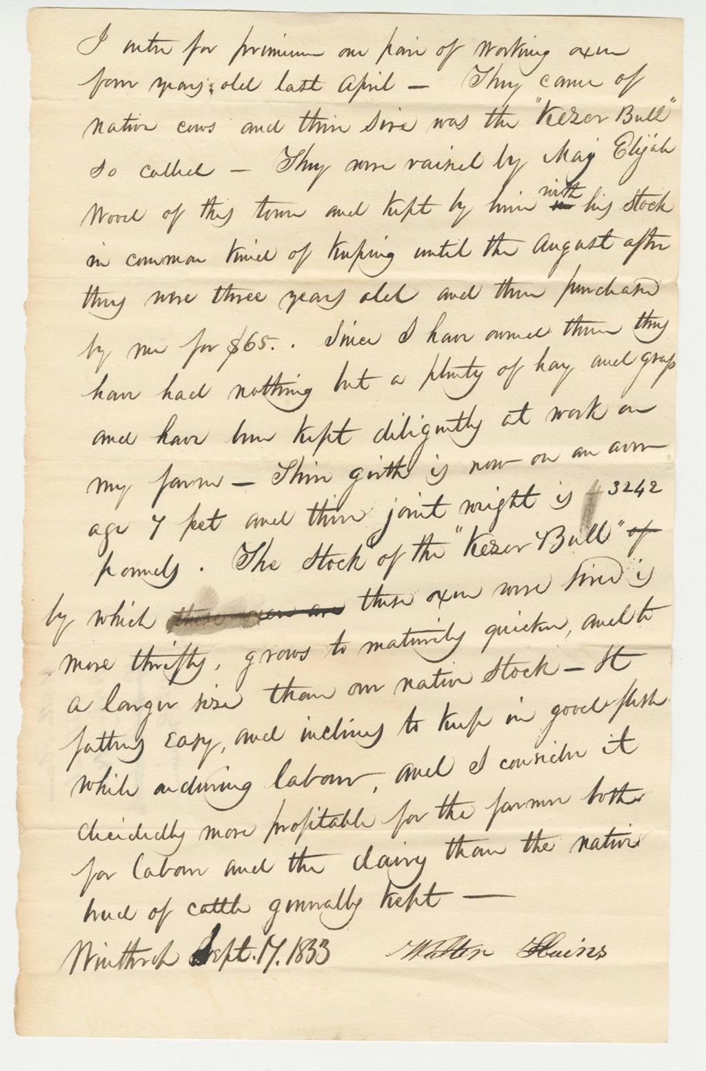 Miniature of Walter Hains Statement on Working Oxen 1st Premium, 1833-09-17