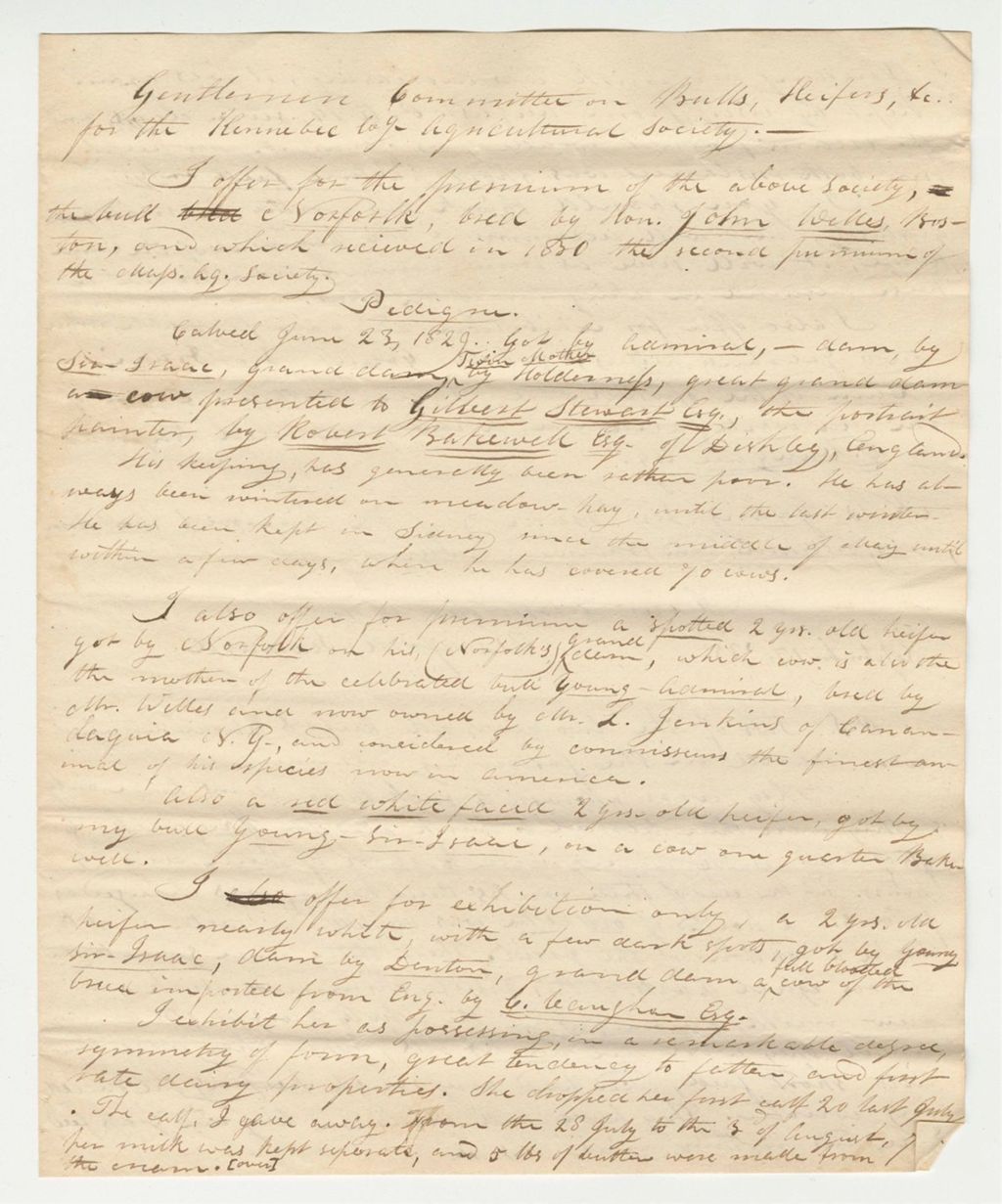 Miniature of S. Howard Statement on Norfolk Bull and 2 Yr Old Heifer 1st Premium, 1833-09-17
