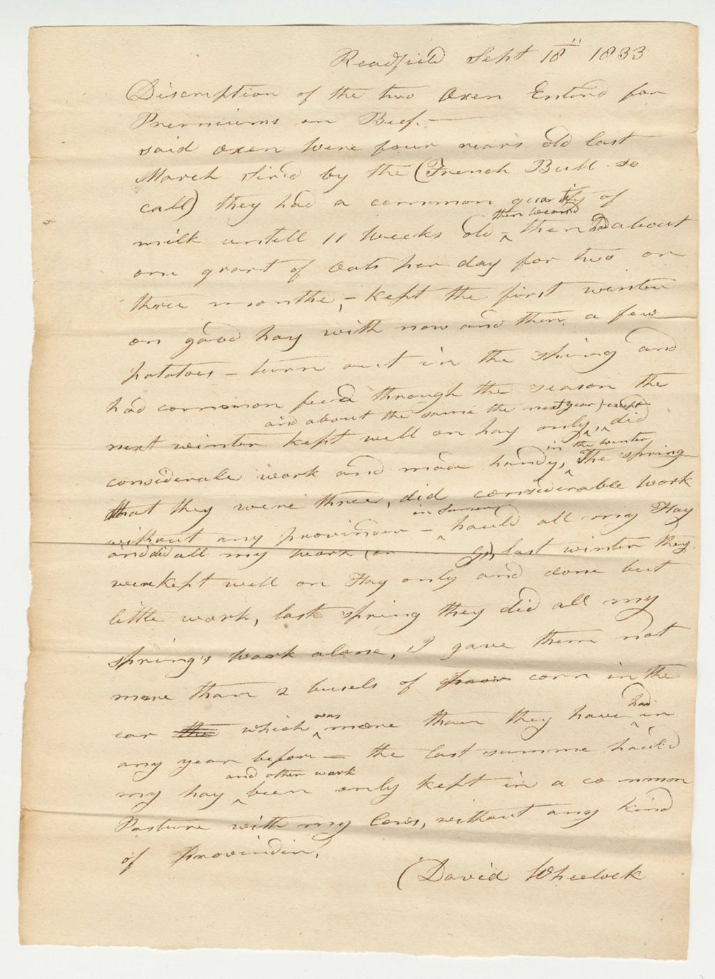 Miniature of David Wheelock Statement on Beef Oxen, 1833-09-18