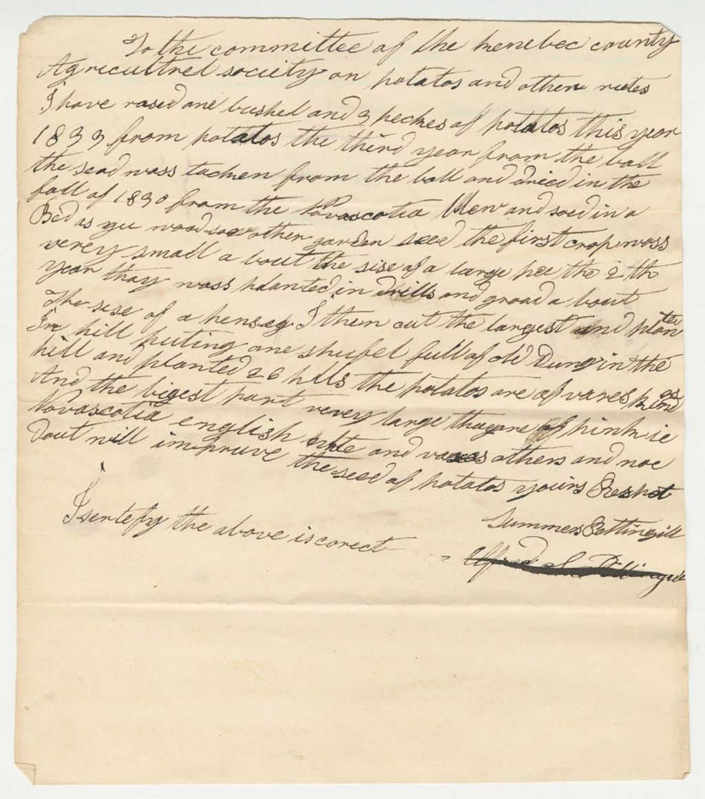 Miniature of Alfred Pettingill Statement on Potatoes Premium, 1833