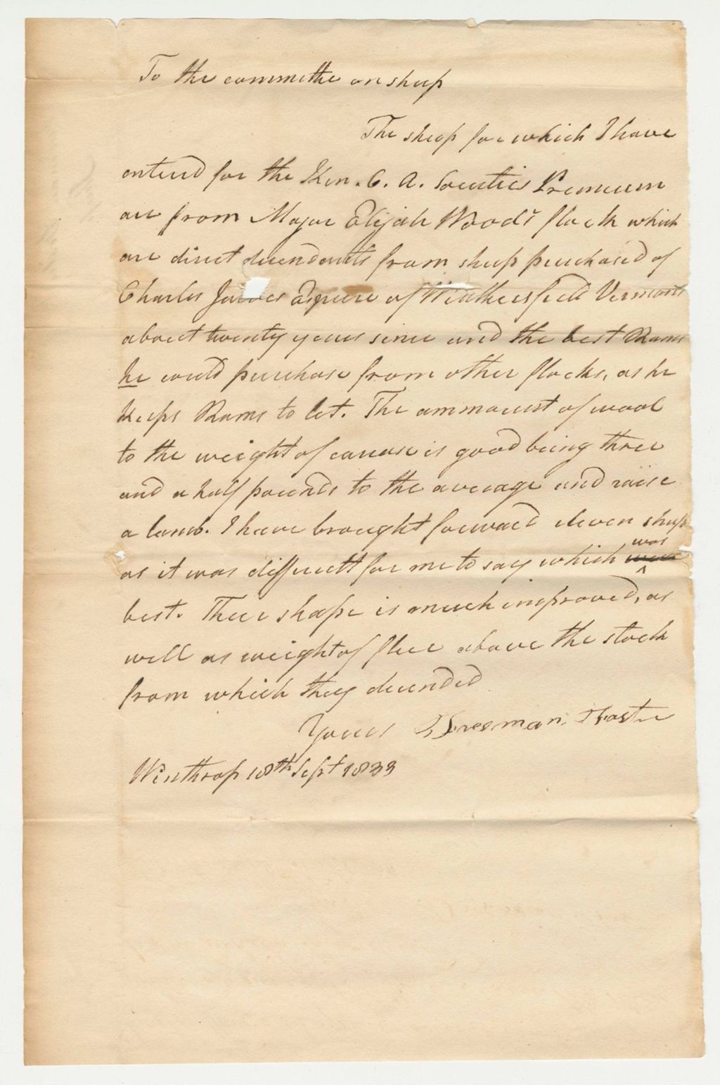 Miniature of Freeman Foster Statement on Sheep, 1833-09-18