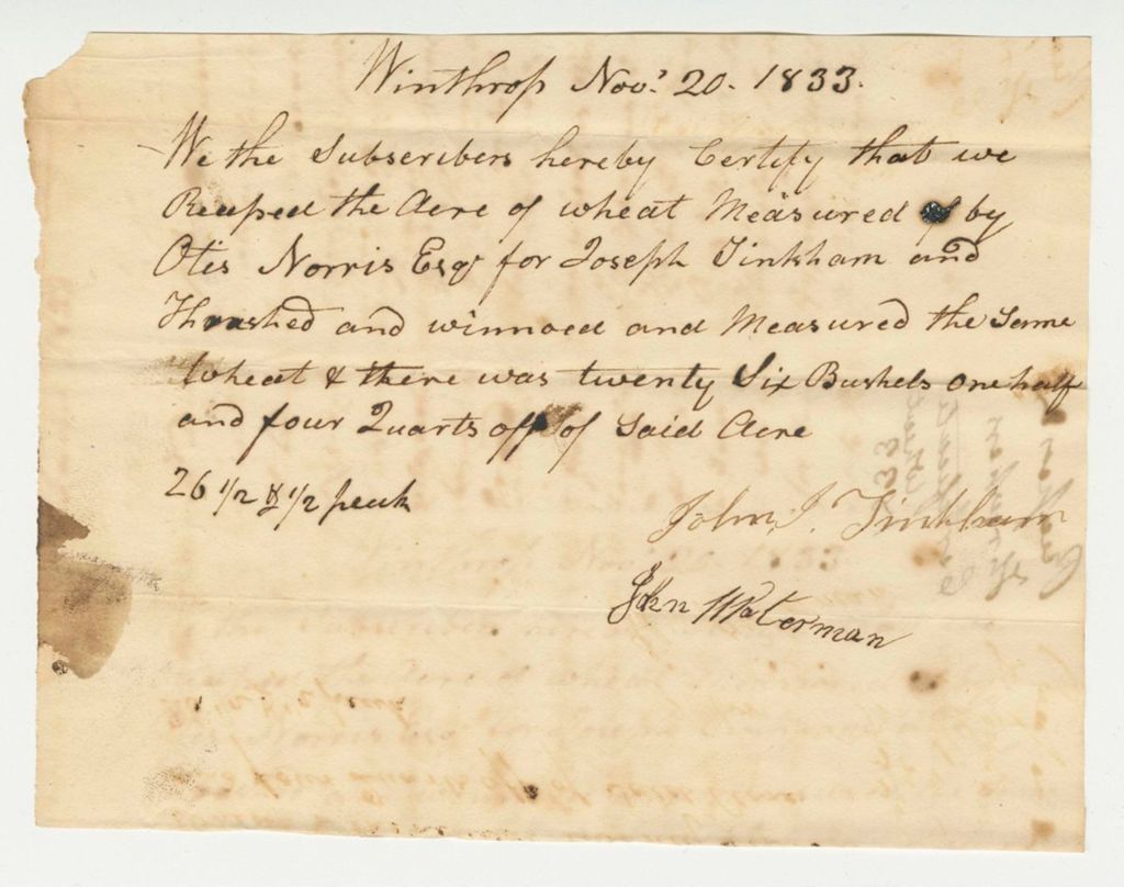 Miniature of John Tinkhorn Certificate on Wheat, 1833-11-20