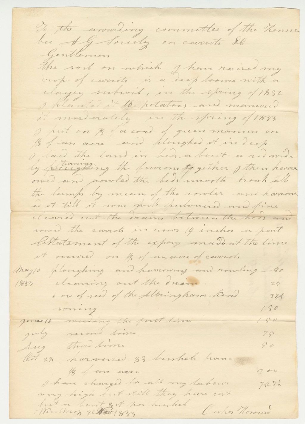 Miniature of Oaks Howard Statement on Carrots, 1833-11-07