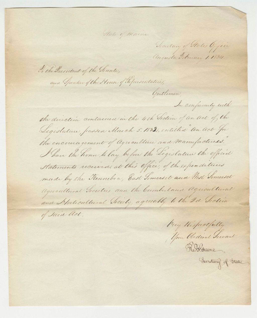 Miniature of Note to the President of the Senate and Speaker of the House, 1834-02-01