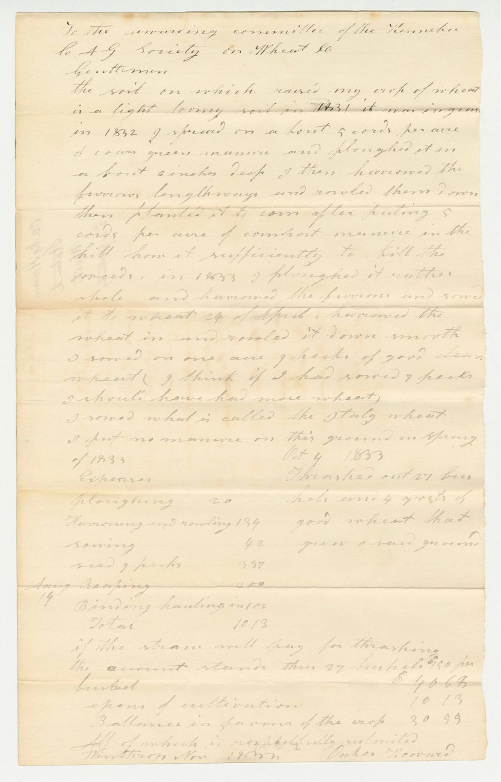 Miniature of Oaks Howard Statement on Wheat, 1833-11