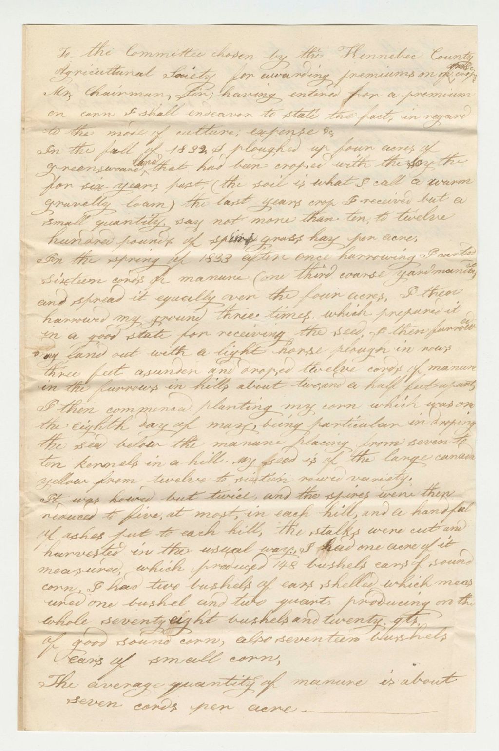 Miniature of Walter Hains Statement on Corn Premium, 1833-12
