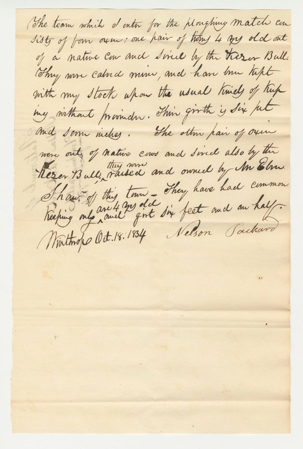 Miniature of Statement of Nelson Packard of Ploughing Match, 1834-10-18