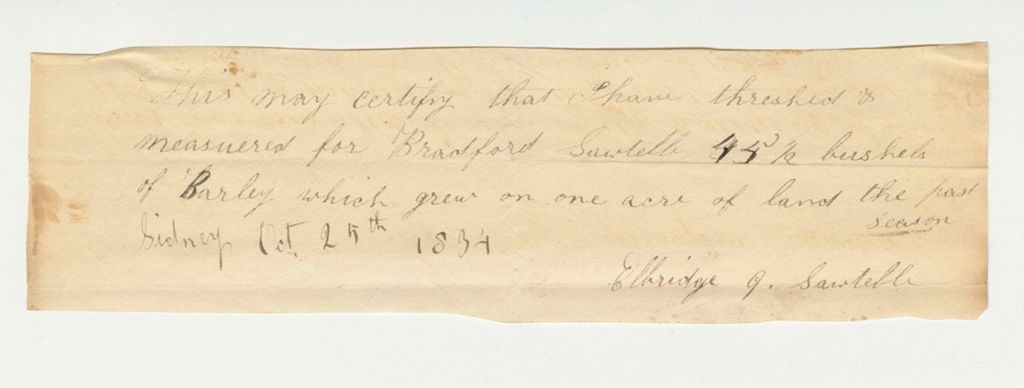 Miniature of Eldridge Sawtelle Certificate on Barley of Bradford Sawtelle, 1834-10-25
