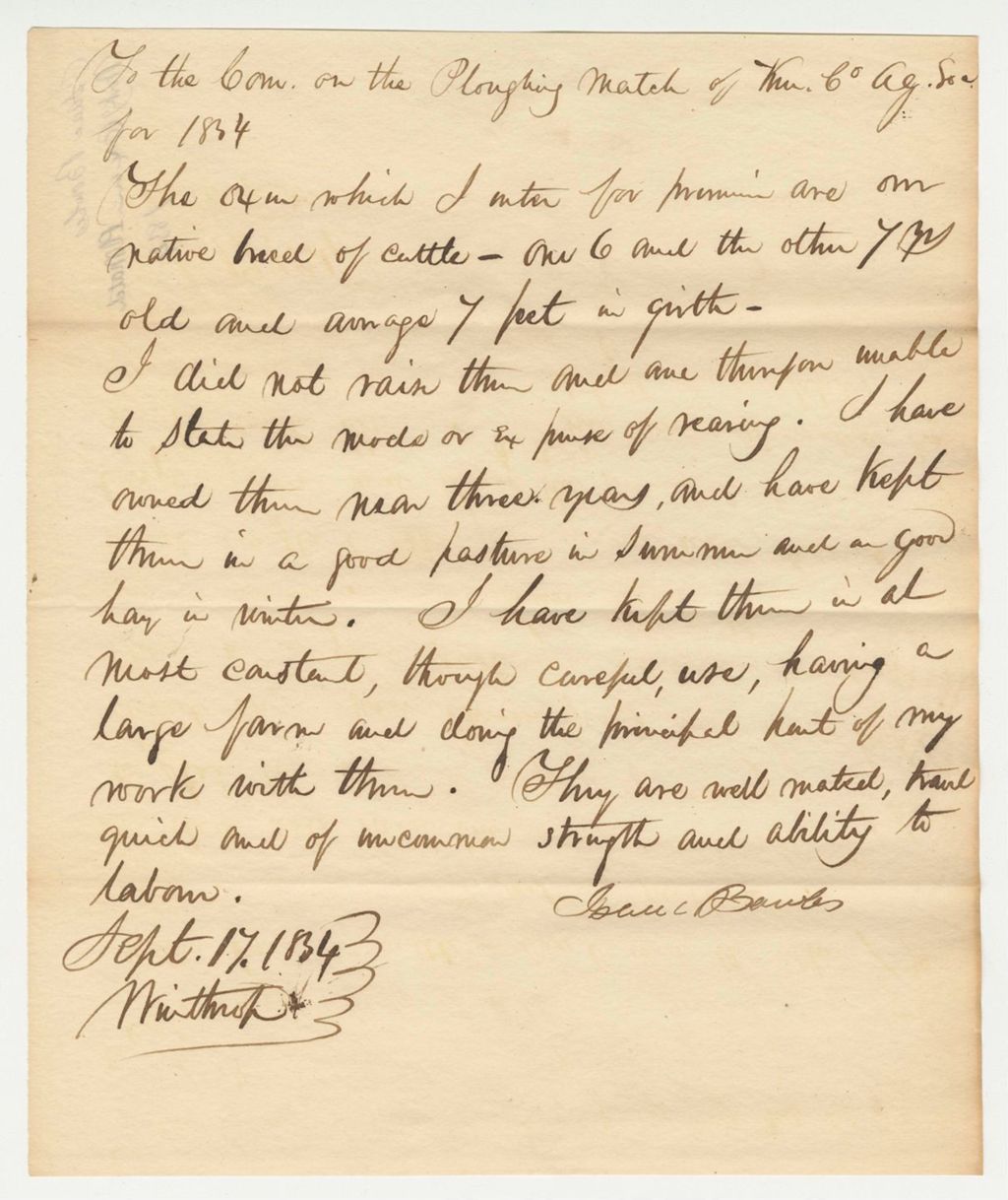 Miniature of Statement of Isaac Bowles on Working Oxen Ploughing Match, 1834-09-17