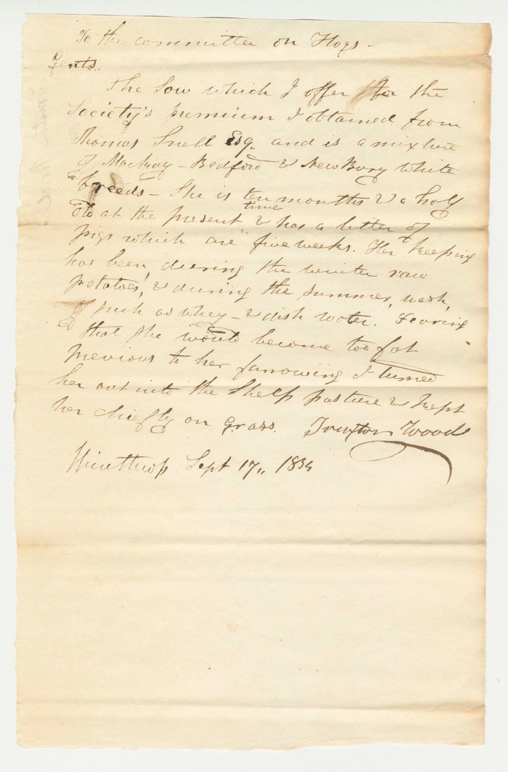 Miniature of Statement of Traxton Wood on Sow, 1834-09-17