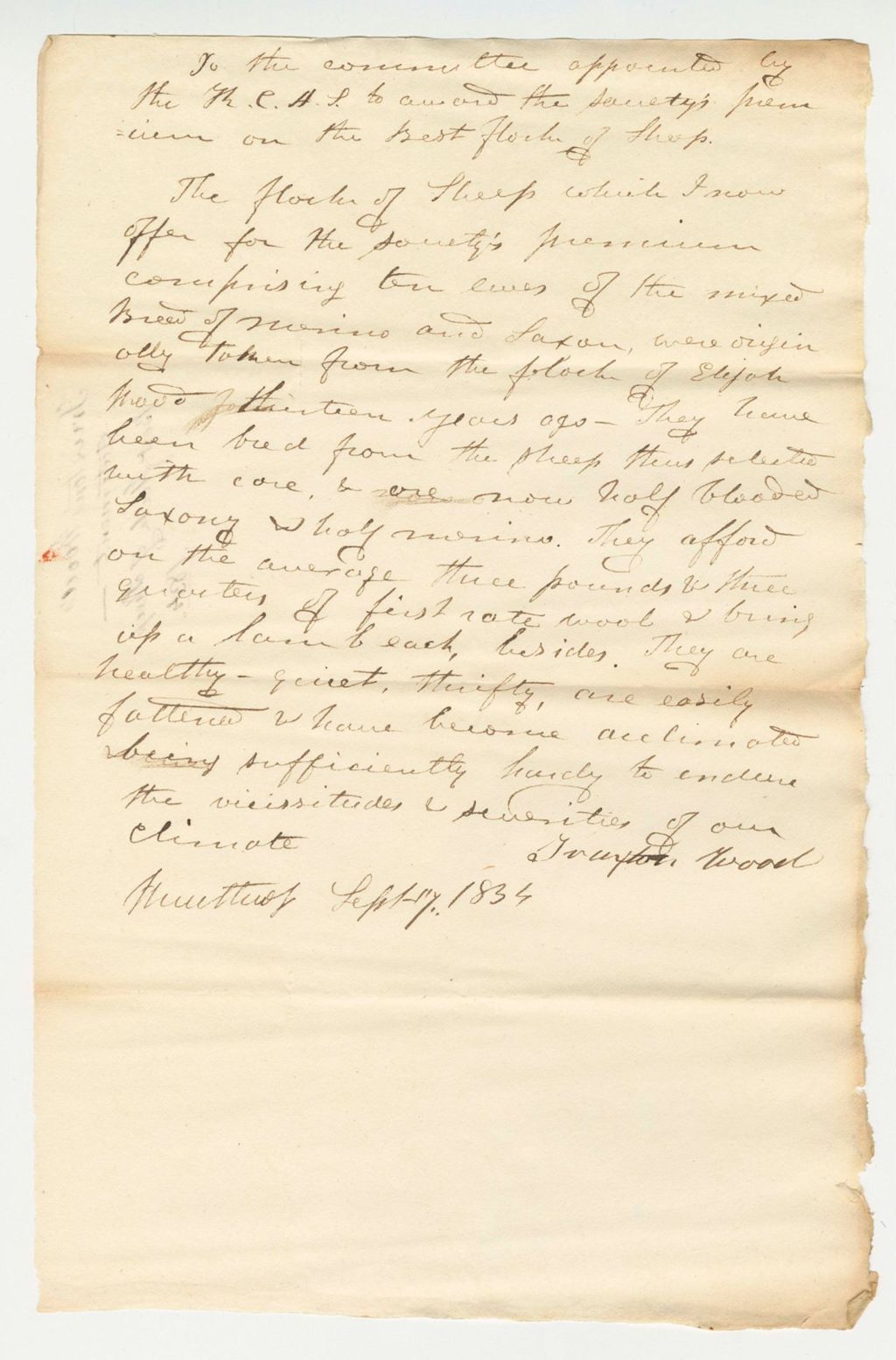 Miniature of Traxton Wood Statement on Best Flock of Sheep, 1834-09-17