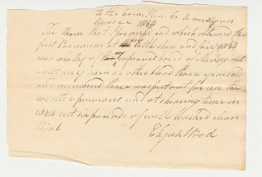 Miniature of Elijah Wood Statement on Buck, 1834