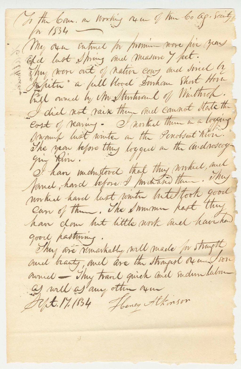 Miniature of Statement of Henry Atkinson on his Oxen, 1834-09-17