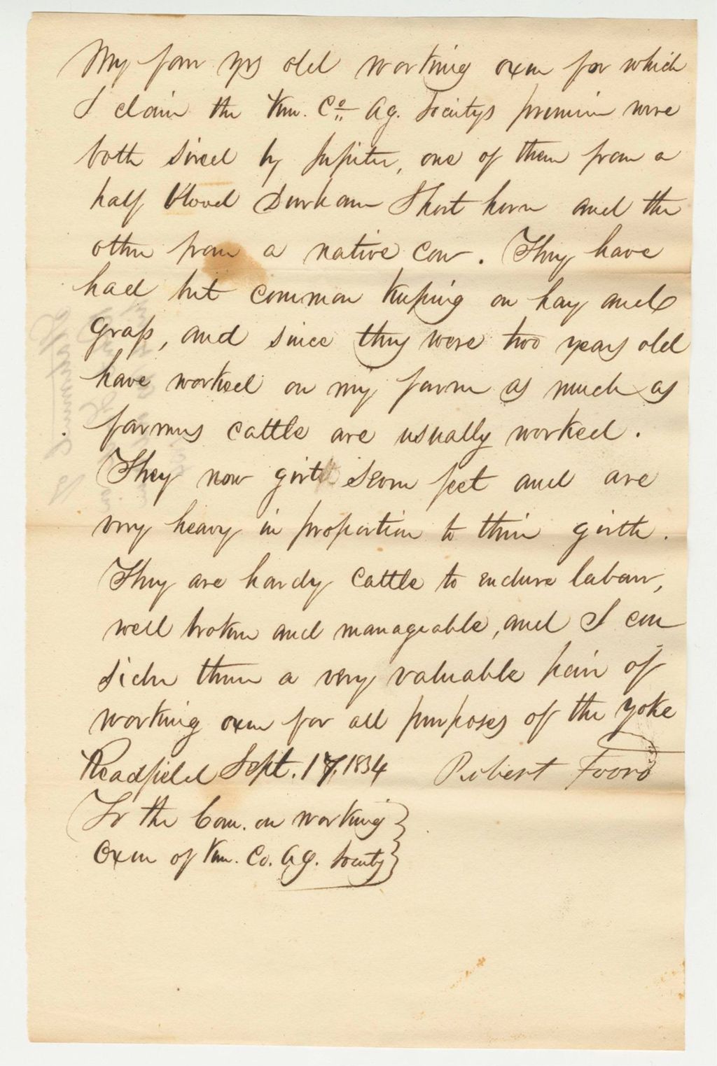 Miniature of Statement of Robert Ford on his Oxen, 1834-09-17