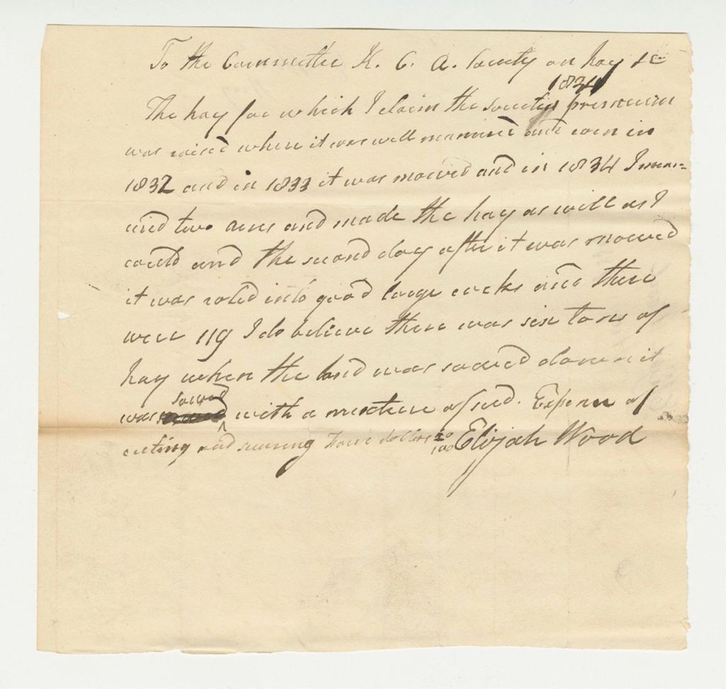 Miniature of Statement of Elijah Wood on Hay, 1834