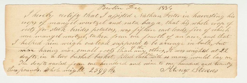 Miniature of Statement of Alonzo Stevens on Nathan Foster's Maugel Wurtzel Crop, 1834-12