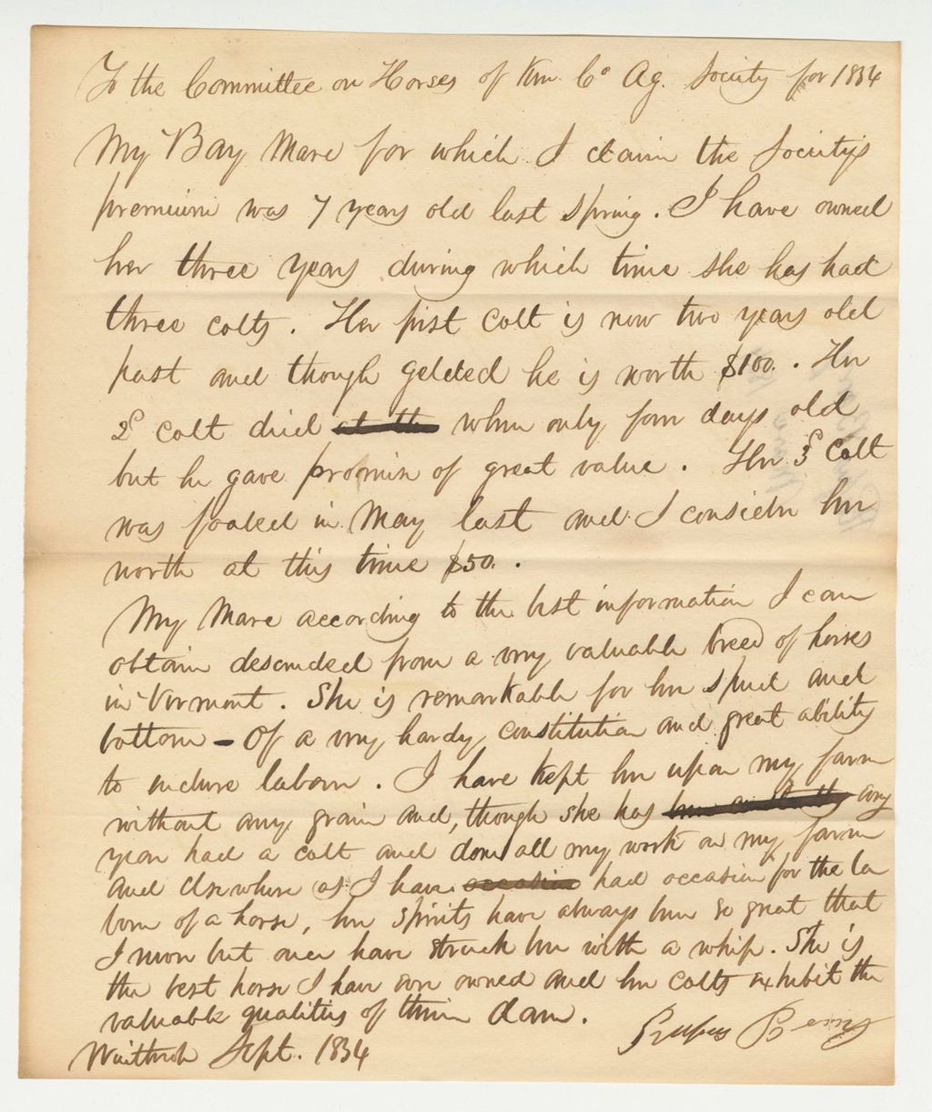 Miniature of Statement of Rufus Bonny on Mare, 1834-09