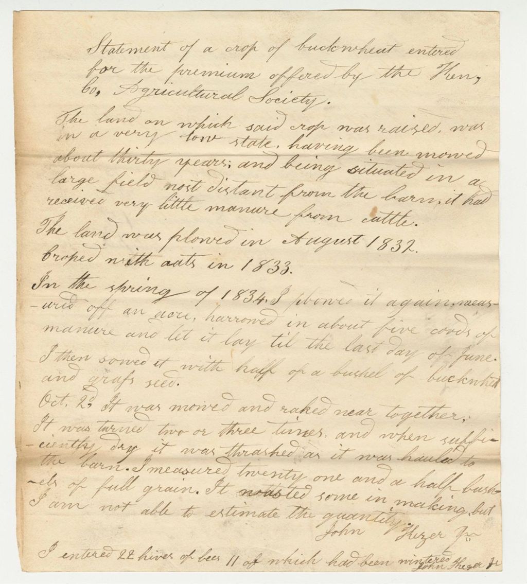 Miniature of Statement of John Kezer Jr. on Buckwheat, 1834
