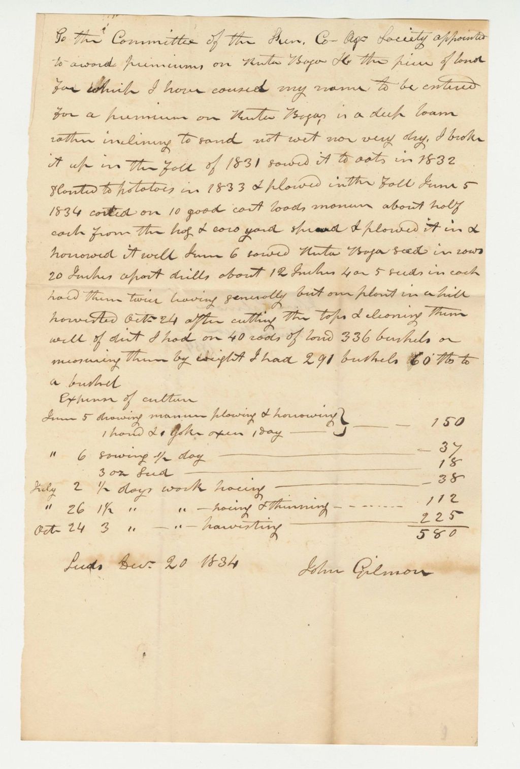 Miniature of Statement of John Gilmore on Rutabaga, 1834-12-20