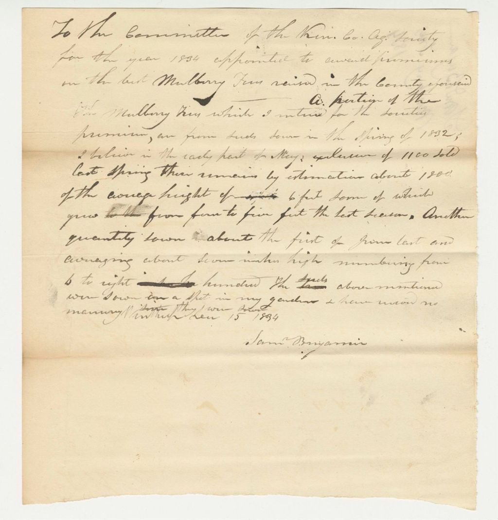 Miniature of Statement of Sam Benjamin on Mulberry Trees, 1834-12-15