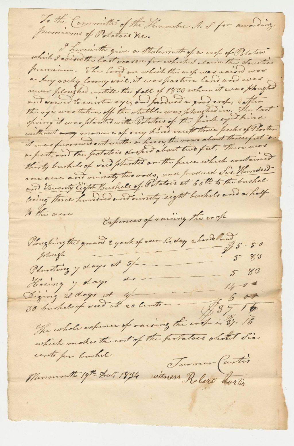 Miniature of Statement of Turner Curtis on Potatoes, 1834-12-19