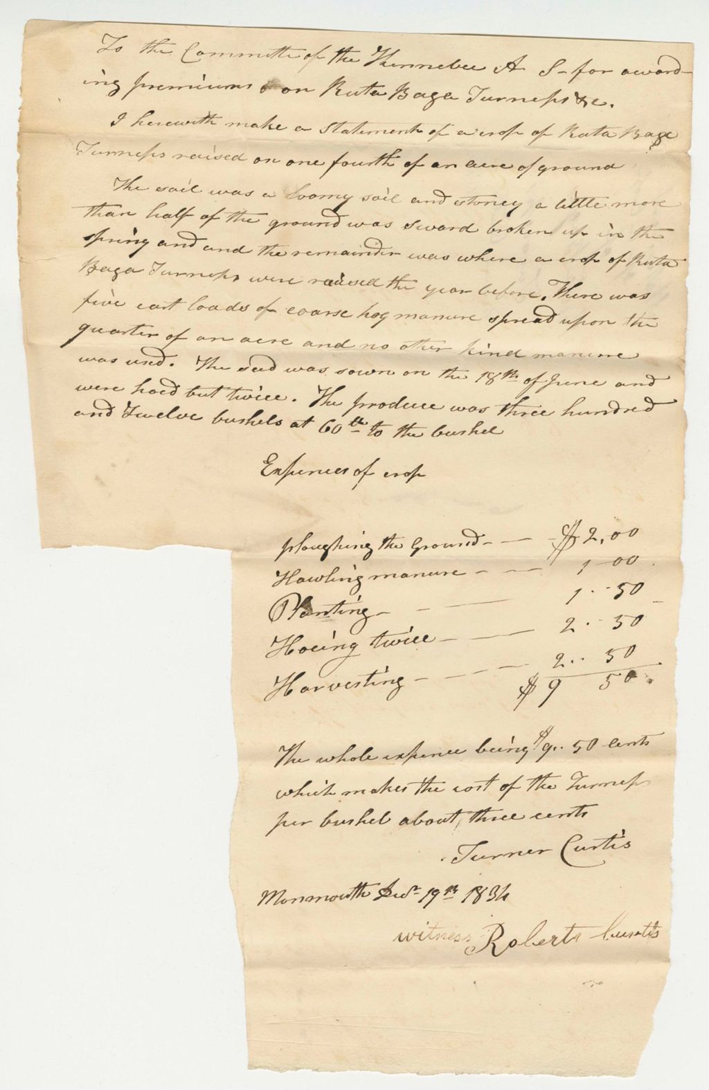 Miniature of Statement of Turner Curtis on Rutabaga and Turnips, 1834-12-19
