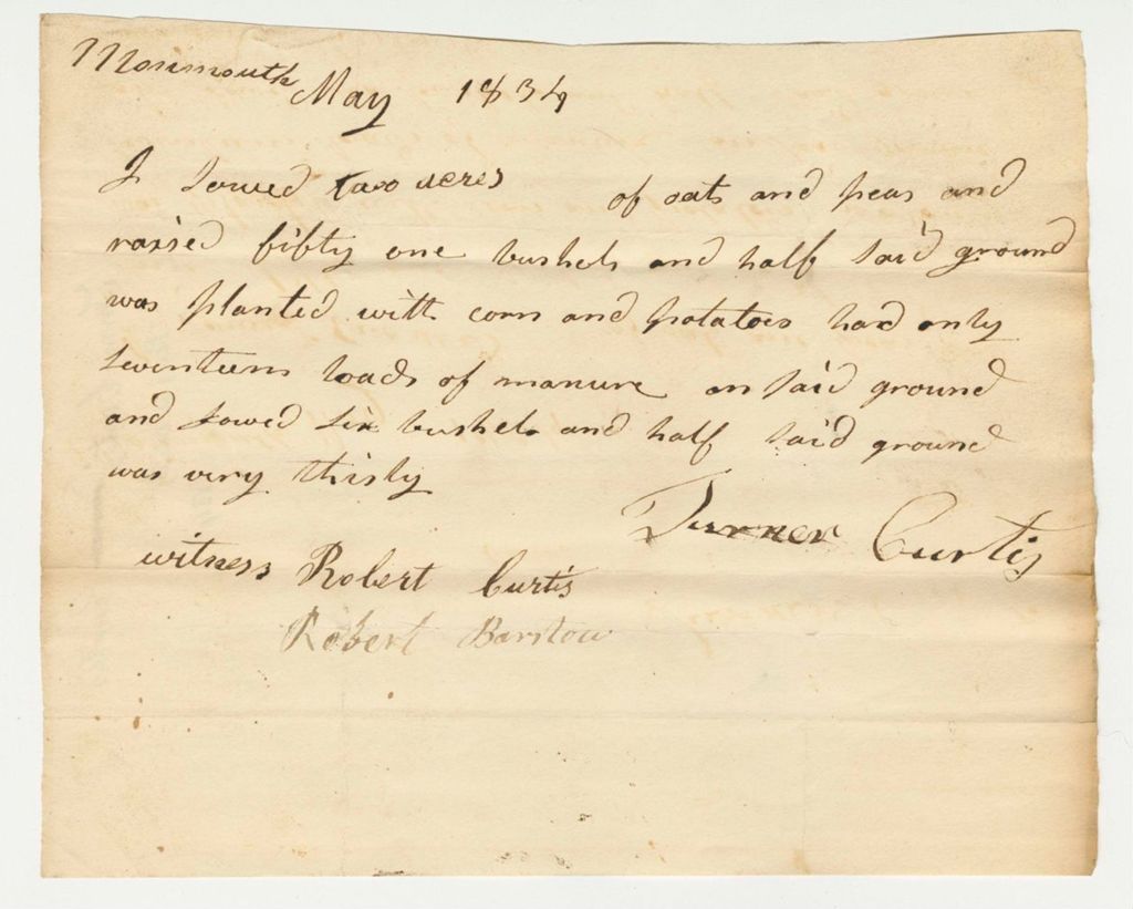 Miniature of Statement of Turner Curtis on Oats and Peas, 1834-05