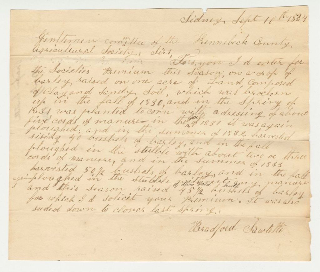 Miniature of Statement of Bradford Sawtelle on Barley, 1834-09-10