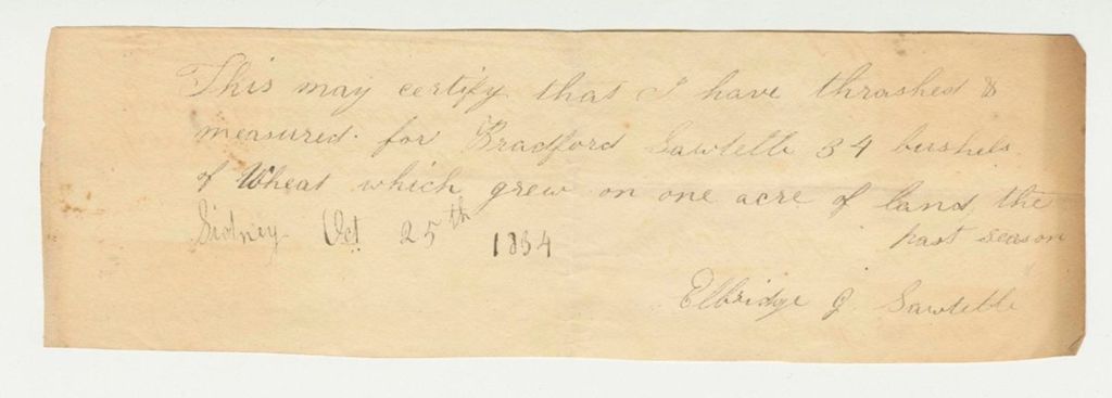 Miniature of Statement of Eldridge Sawtelle for Bradford Sawtelle on Wheat, 1834-10-25