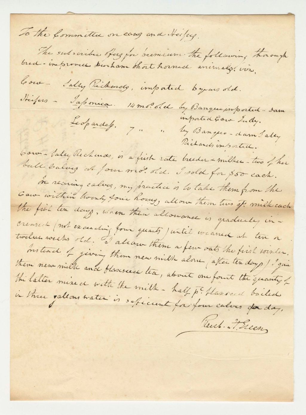 Miniature of Statement of R.H. Green on Cows, Heifers, and Calves, 1835
