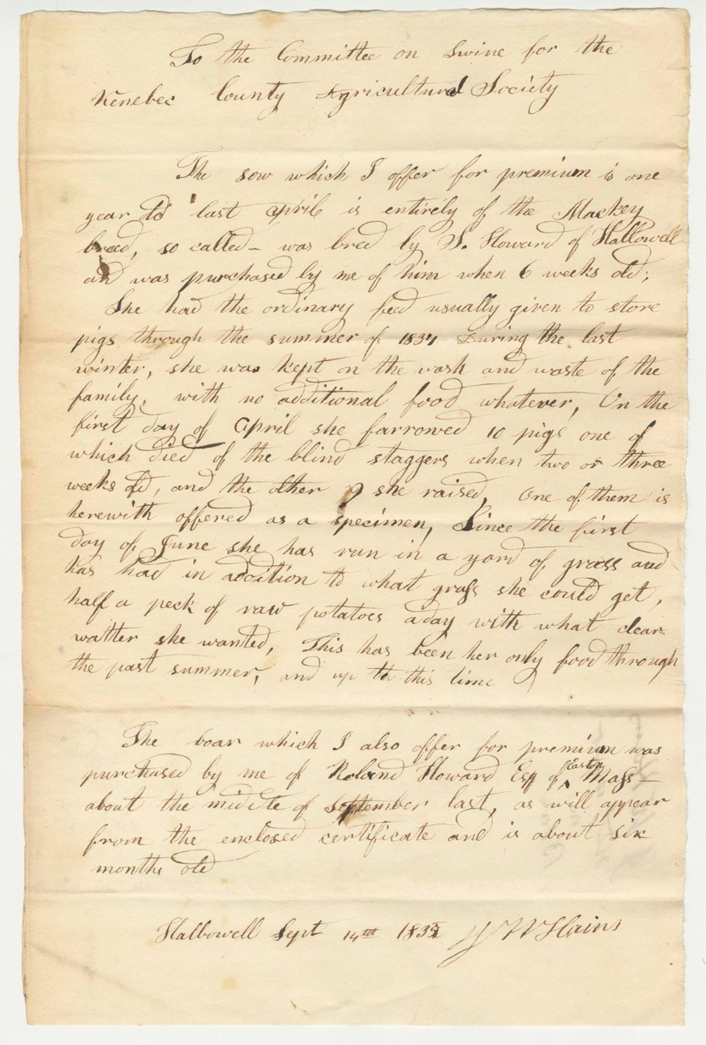 Miniature of Statement of J.W. Hains on Boar, 1835-09-14