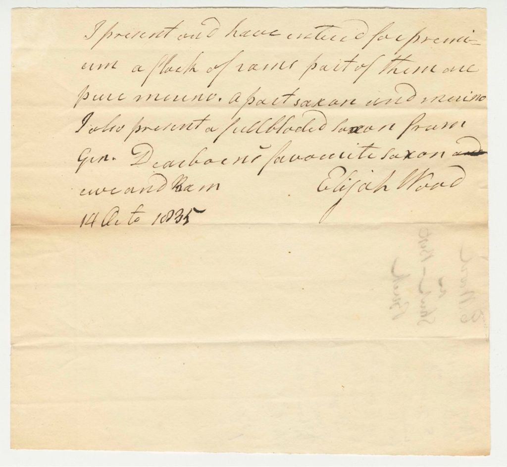 Miniature of Statement of Elijah Wood on Sheep and Buck, 1835-10-14