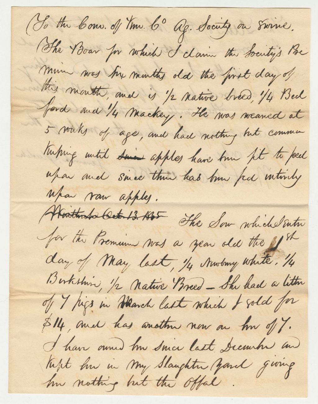Miniature of Statement of Jeremiah Glidden on a Breeding Sow, Boar, and Litter of Pigs, 1835-10-13