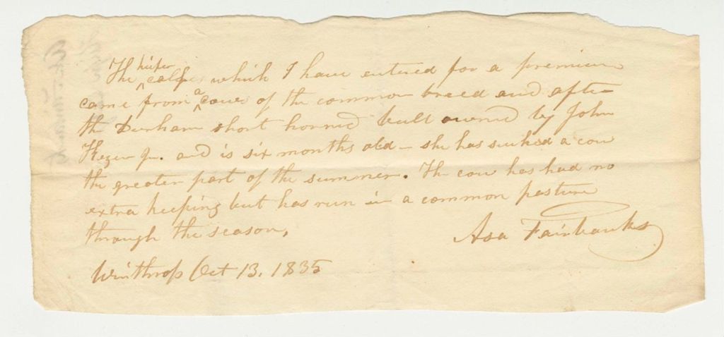 Miniature of Statement of Asa Fairbanks on Heifer Calf, 1835-10-13