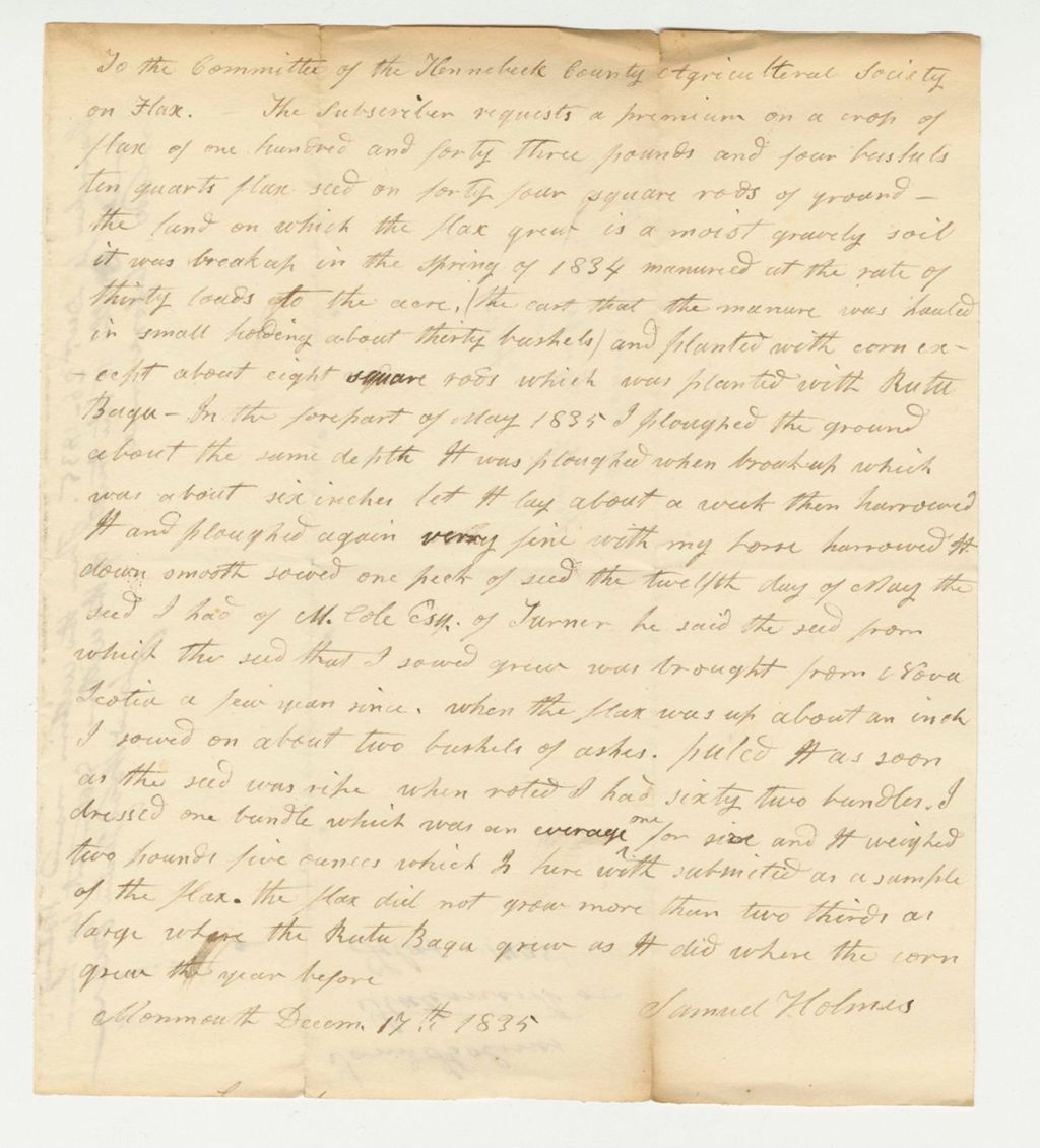 Miniature of Statement of Samuel Holmes on Flax, 1835-12-17