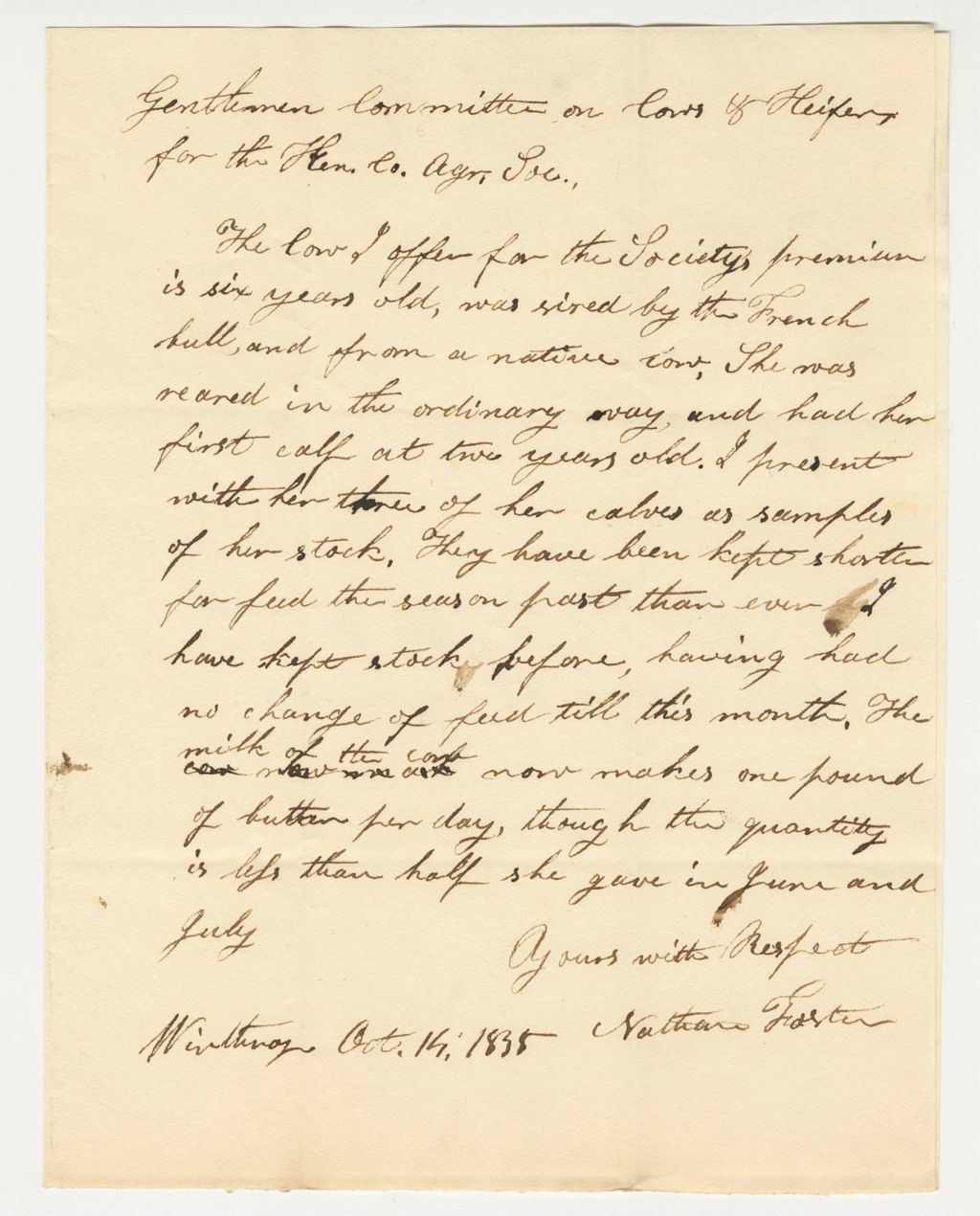 Miniature of Statement of N. Foster on Cow, 1835-10-14