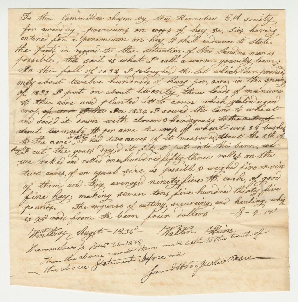 Miniature of Statement of Walter Hains on Hay, 1835-12-26