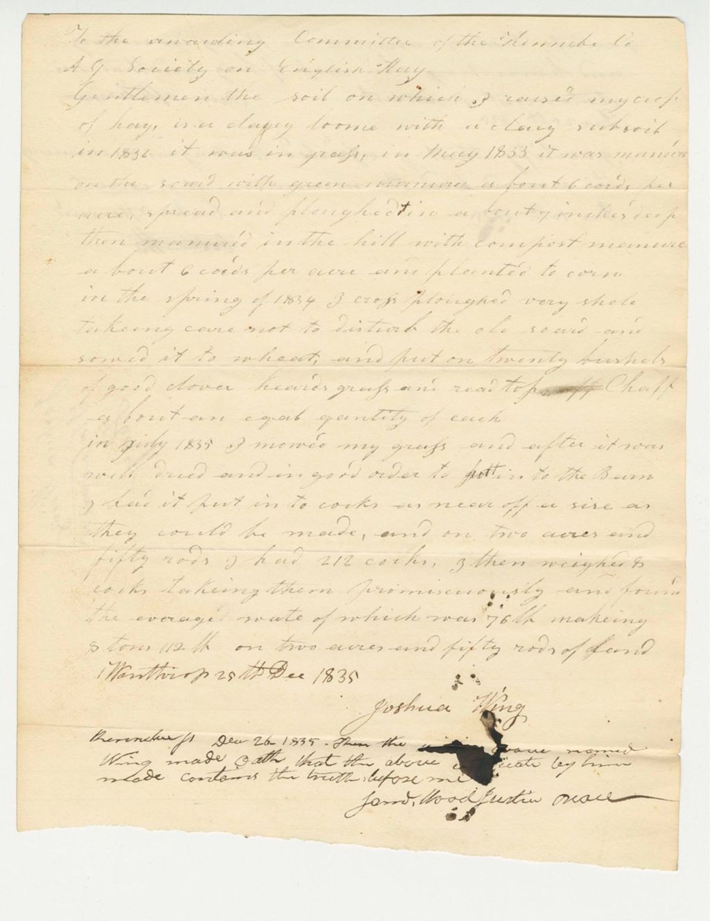 Miniature of Statement of Joshua Wing on Hay, 1835-12-25