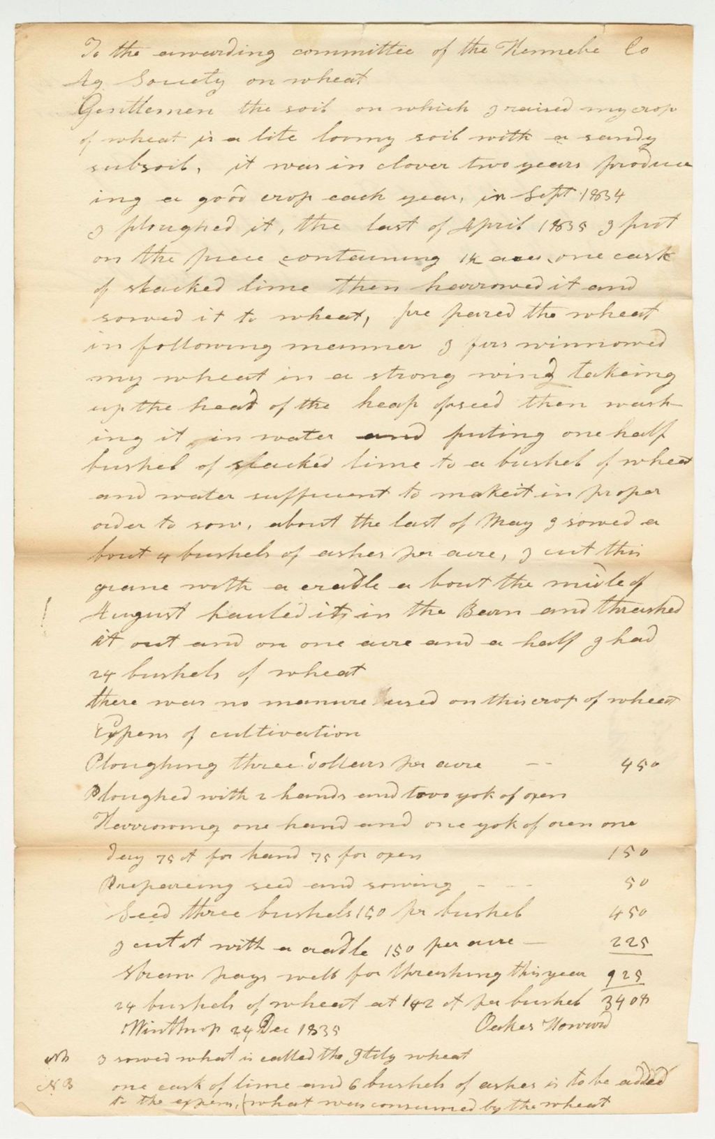 Miniature of Statement of Oaks Howard on Wheat, 1835-12-25