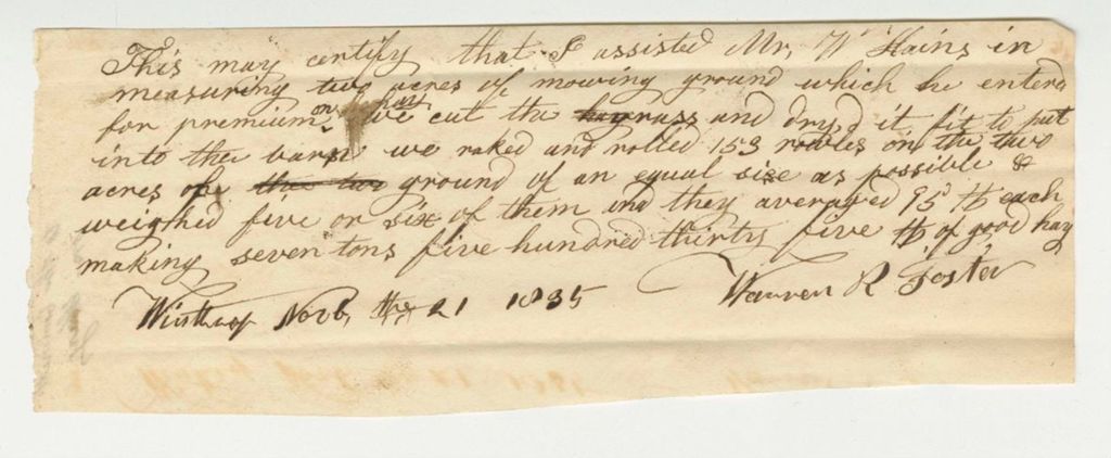 Miniature of Statement of H. Foster for W. Hains on Hay, 1835-11-21