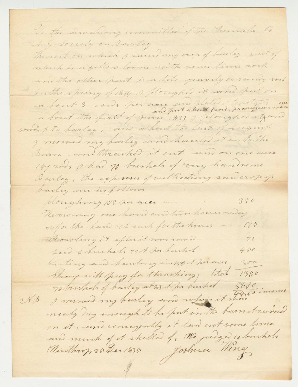 Miniature of Statement of Joshua Wing on Barley, 1835-12-25