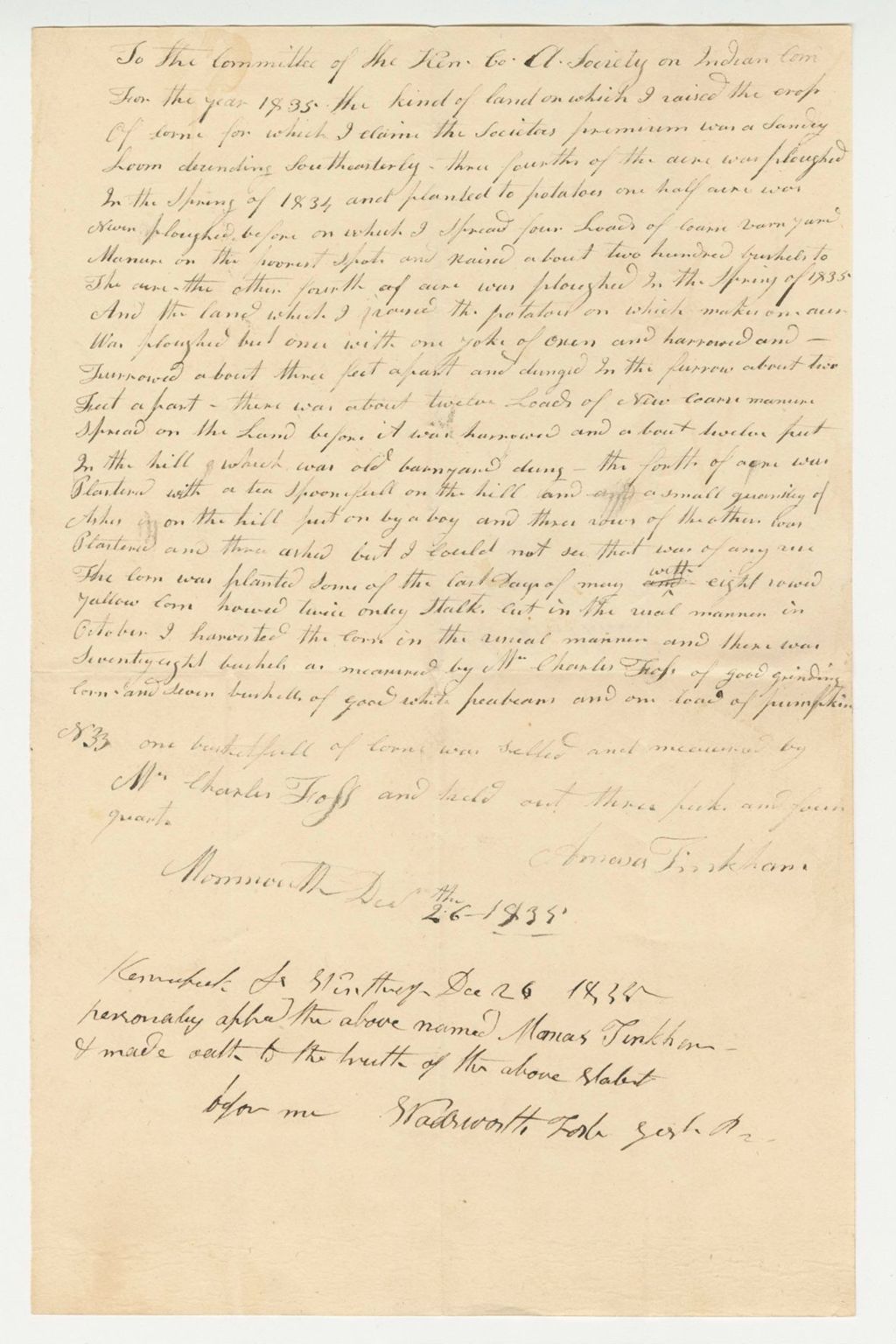 Miniature of Statement of Amosa Tinkham on Corn, 1835-12-26