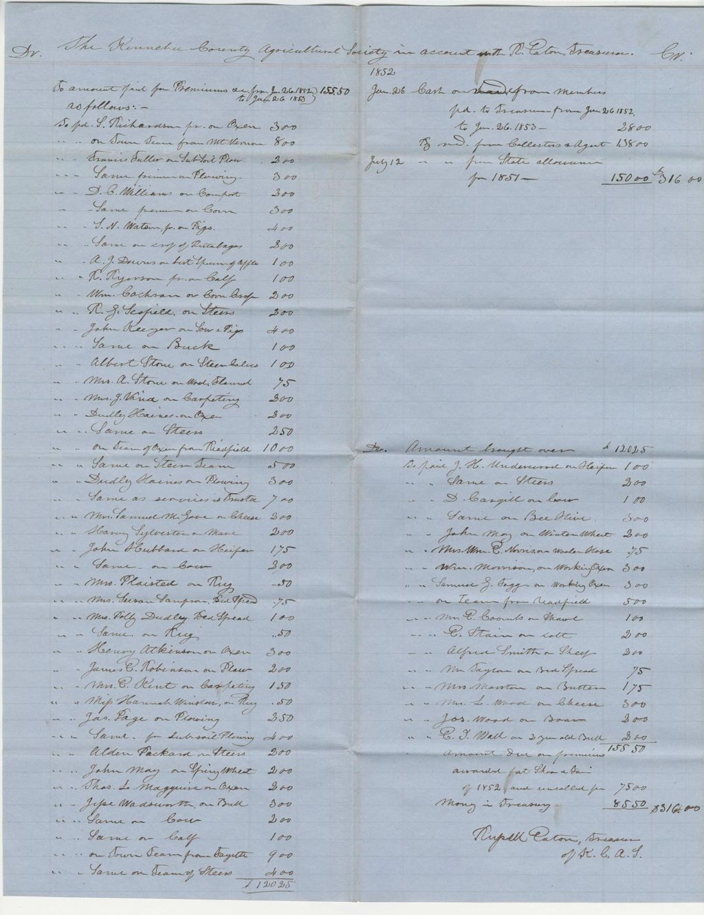 Miniature of Treasurer's Account of Kennebec County Agricultural Society, 1853-05-07